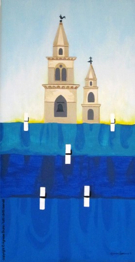 dalla terrazza (campanili cattedrale e chiesa san francesco / andria ) acrilici su tela / cm 26x50x4 / giugno 2011